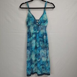 VTG Y2K Turquoise Paisley Metal Beads Babydoll Smocked Spaghetti Strap Dress M